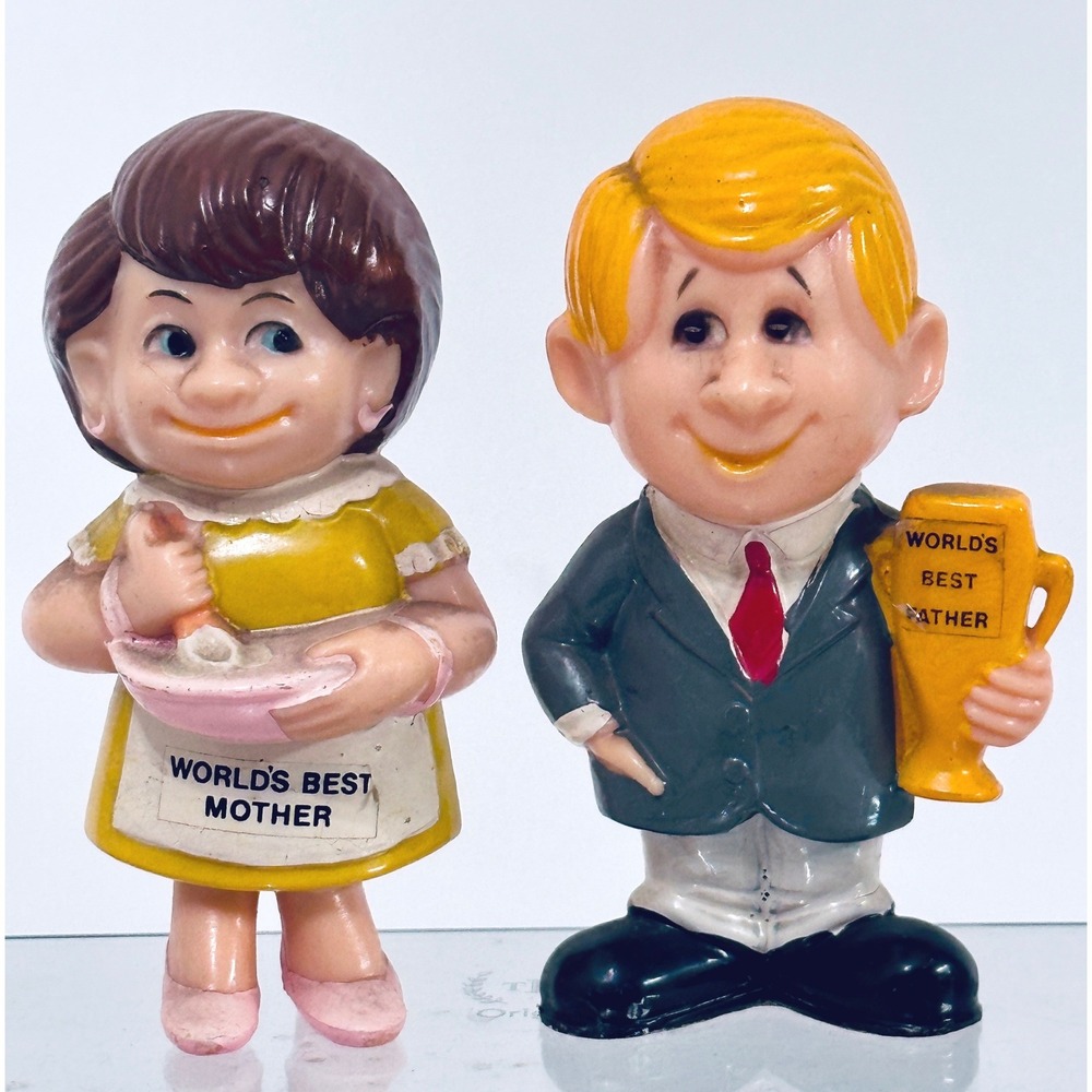 Vintage 1970s Berries World's Best Father Mother Figurines Hong Kong